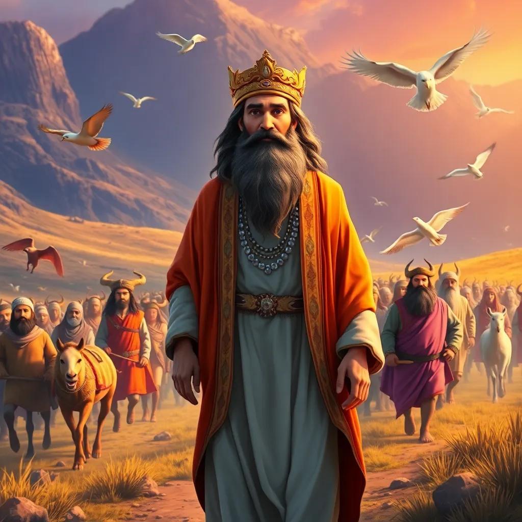 A wise and just prophet Solomon, an Arab man with a long beard, wearing a royal robe, walking in a valley with his diverse army of humans, jinn, and birds, digital art, vibrant colors, majestic atmosphere, detailed portrayal
