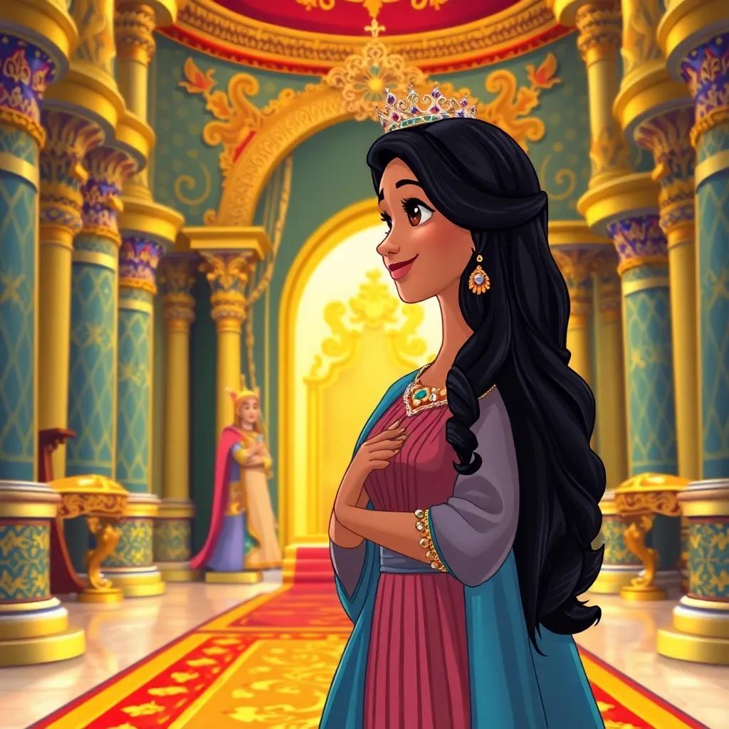 Queen of Sheba, an elegant woman, with long dark hair and a beautiful dress, arriving at King Solomon's palace, awed by the splendor and riches around, surrounded by colorful decorations and gold, illustration, grand and welcoming environment, child-friendly