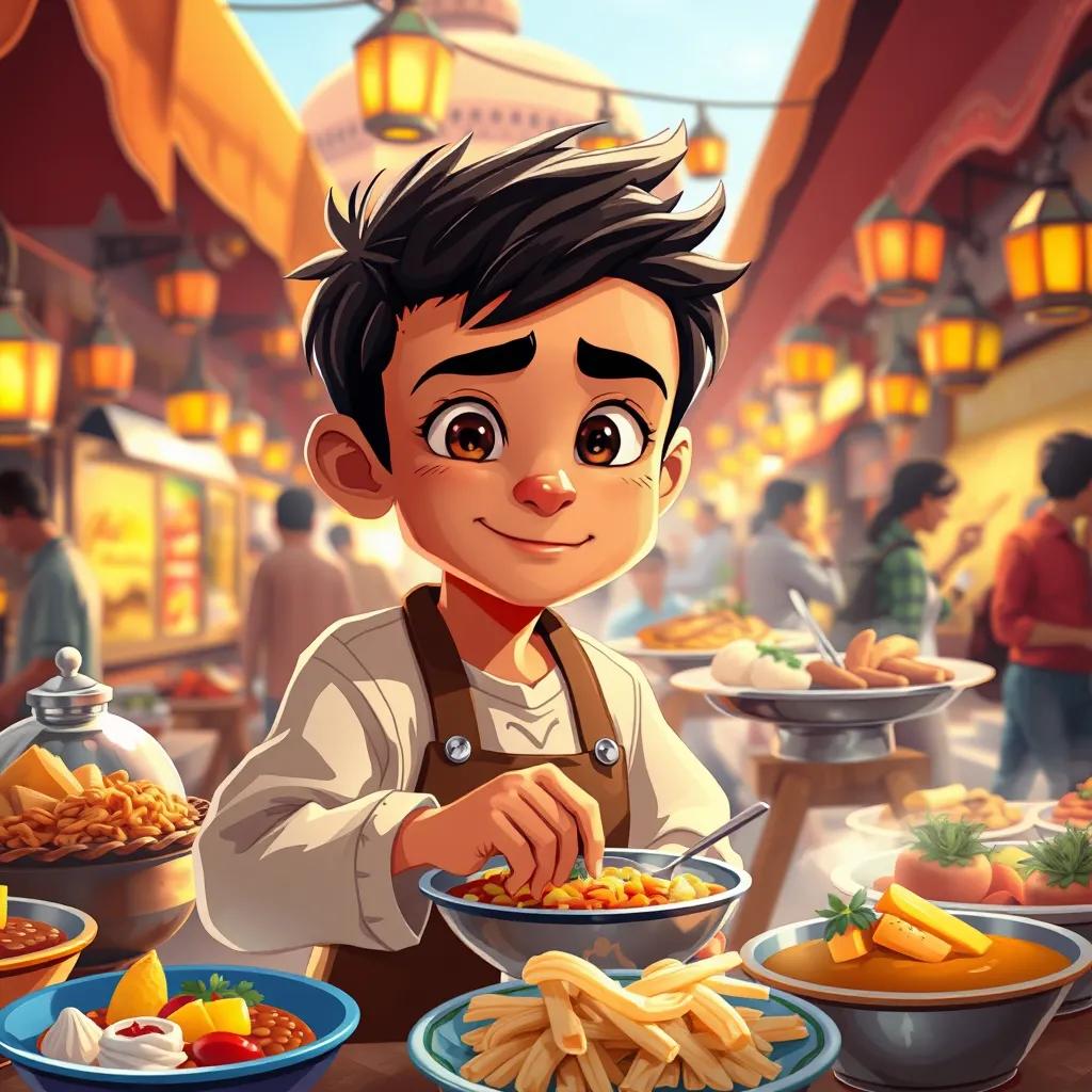 A young Moroccan boy, Aziz, with a determined expression, cooking delicious dishes at a food stall in Jemaa el-Fnaa, vibrant food elements around, detailed illustration, warm lighting, inviting colors, cheerful ambiance, high quality