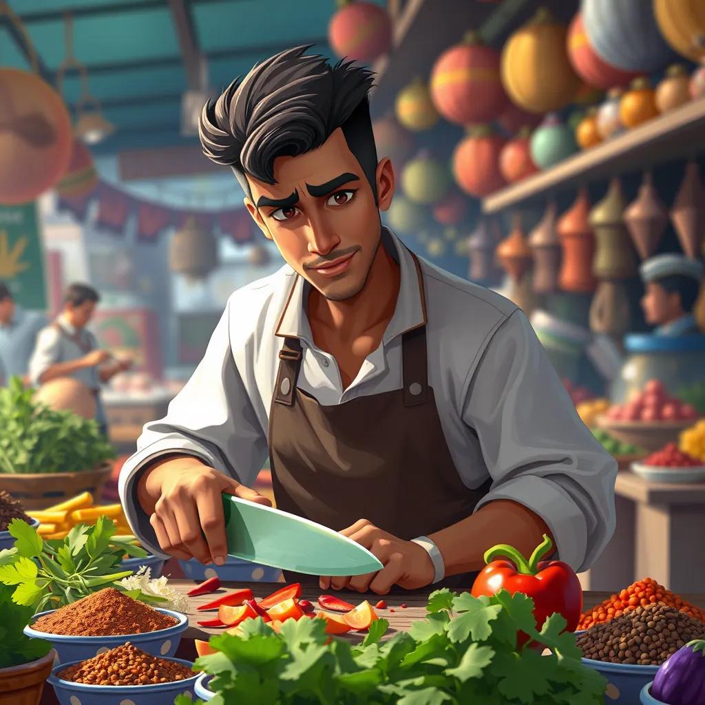 A determined young Moroccan chef, Aziz, slicing fresh vegetables, with spices and herbs around him, the bustling market in the background, digital painting, bright and colorful, inspirational scene, high quality