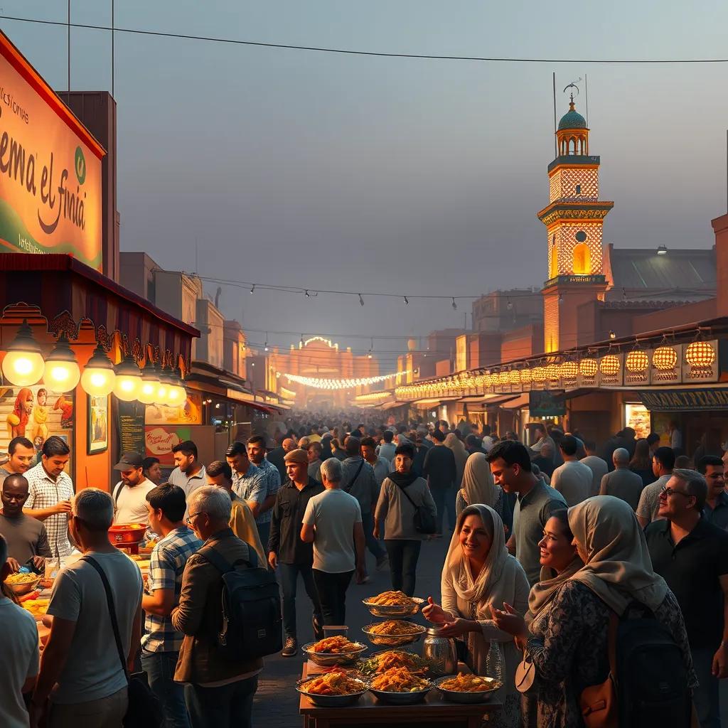 A bustling Jemaa el-Fnaa with many happy visitors enjoying delicious food at Aziz's stall, banners and lights adding color, lively atmosphere, digital art, rich details, uplifting energy, high quality