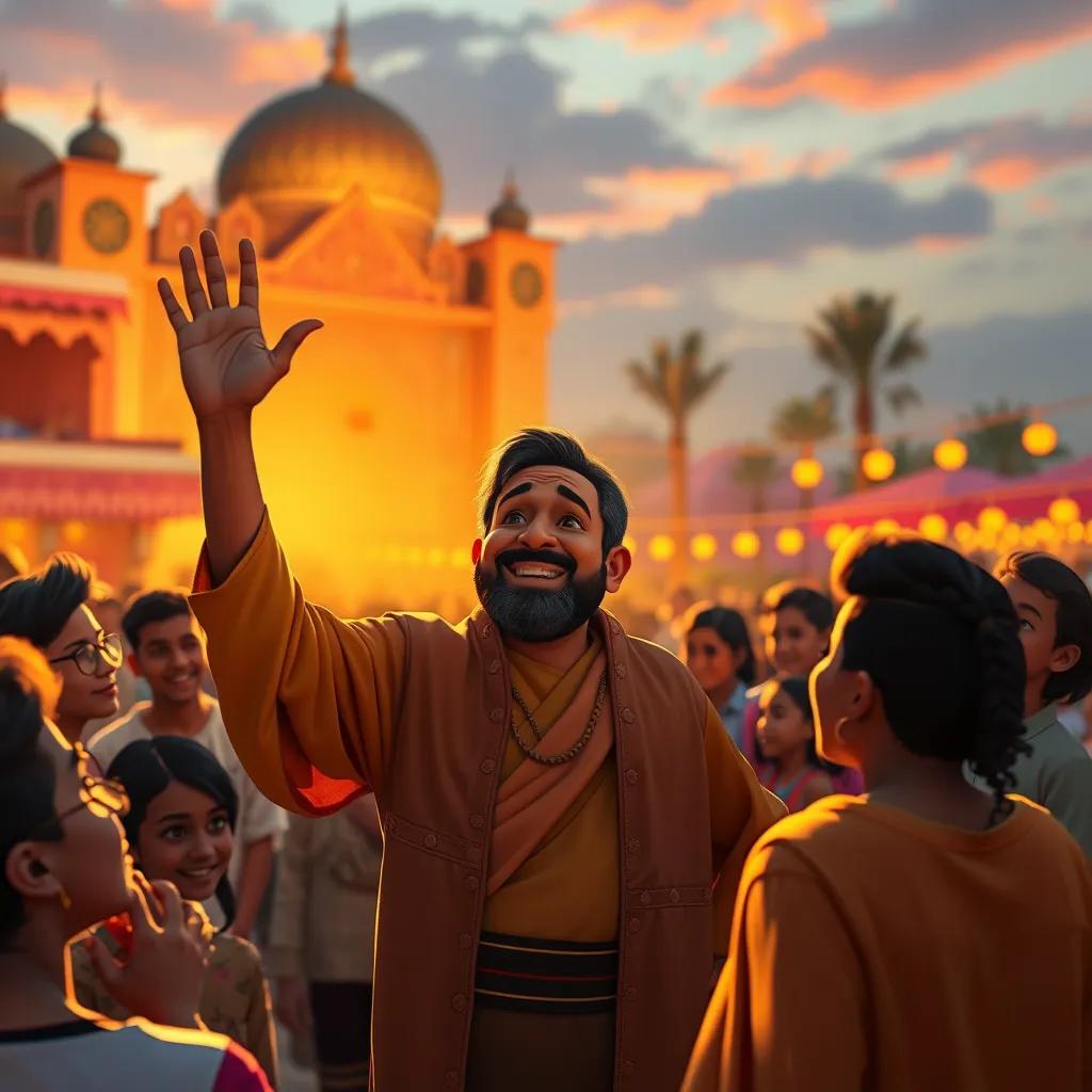 The storyteller at Jemaa el-Fnaa, smiling and waving goodbye to his audience, surrounded by young people filled with hope, sunset lighting, heartwarming scene, vibrant colors, joyful perspective, high quality