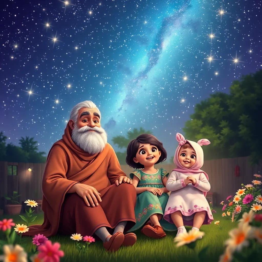 A beautiful night sky full of sparkling stars, with a wise elderly man known as Badi, sitting with two young girls, Kamool, a 3-year-old girl wearing a colorful dress, and Noor, a 1.5-year-old girl wearing a cute onesie, in a cozy backyard filled with flowers, digital art, bright colors, inviting atmosphere, high quality