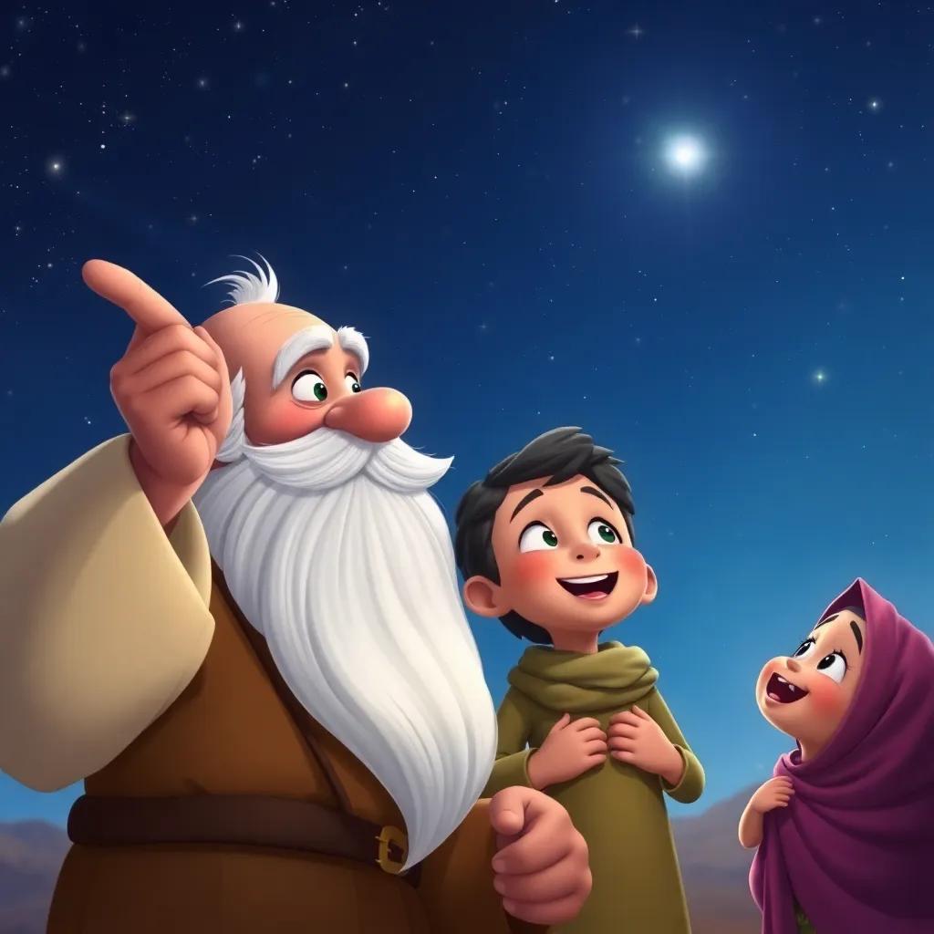 Badi, the old man with flowing white beard, pointing to a faint star in the sky, Kamool looking up excitedly with joyful expression, and Noor curiously gazing, surrounded by glow of stars, digital art, whimsical, vibrant colors, magical feeling, high quality