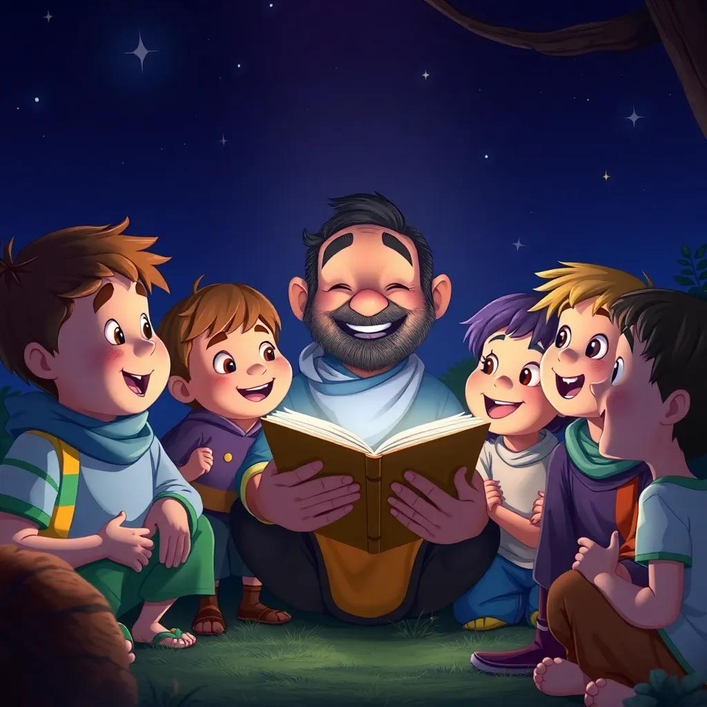 The children excitedly listening to a story from Badi, who has a kind smile, as they gather around him in the night, stars twinkling above, soft light illuminating their faces, illustrative style, colorful, enchanting atmosphere, high quality