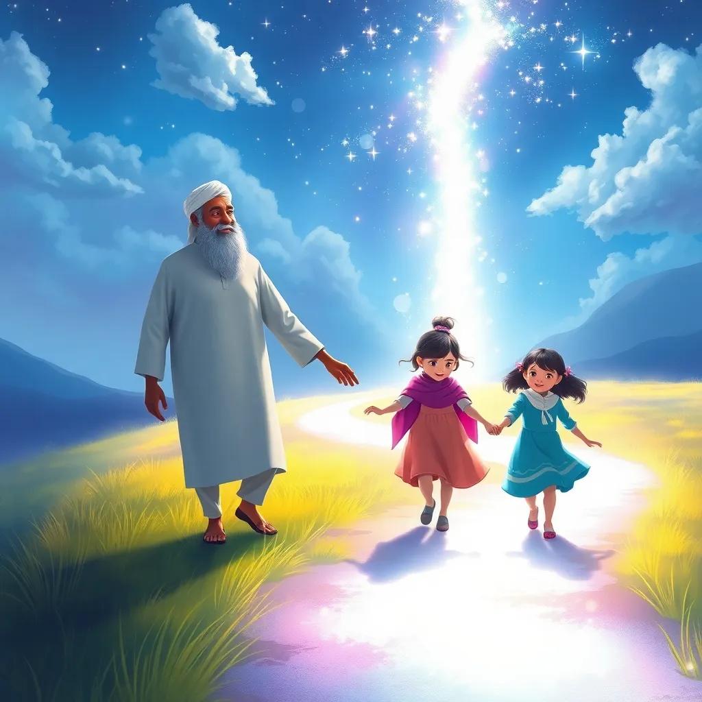 A magical path of light leading up to the sky, with Badi and his two little granddaughters, Kamool and Noor, holding hands excitedly as they walk along the glowing trail, digital painting, colorful, fantastical, high quality
