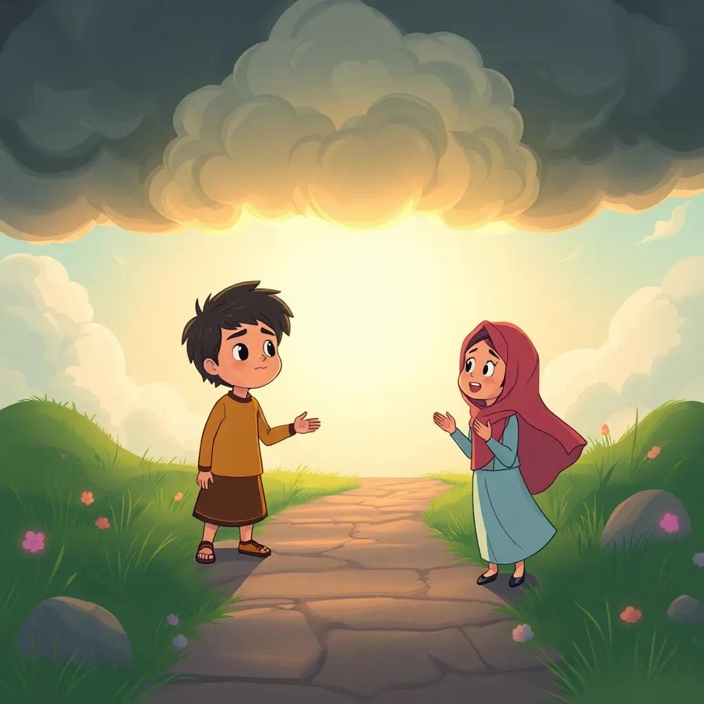 A stormy cloud looming over the path, Kamool bravely suggesting to calm it down, with Noor singing softly beside her, gentle light pushing through the clouds, illustration, cheerful, adventure theme, high quality