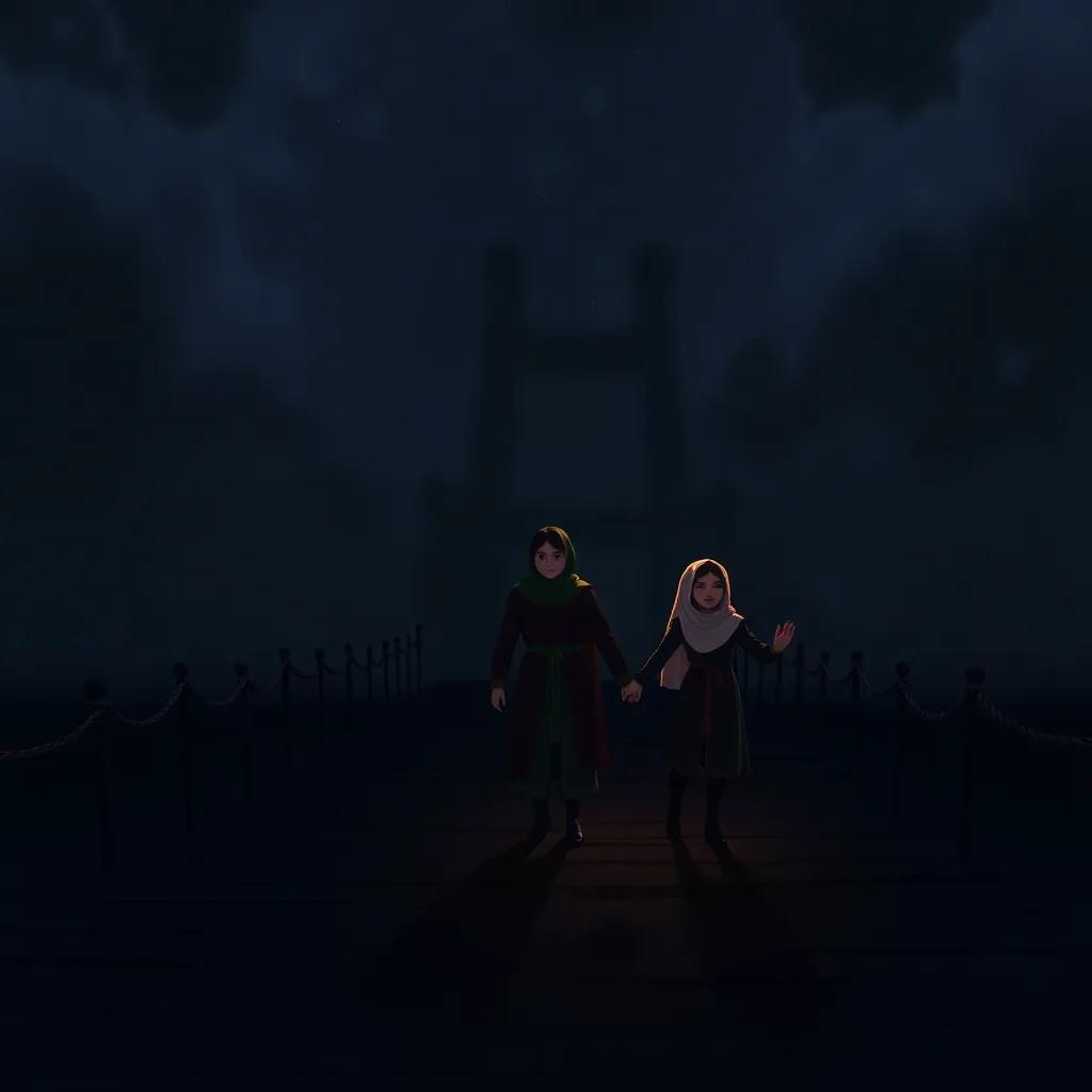 A shadowy bridge appearing in the night, with Kamool standing determinedly, holding hands with Noor and Badi, as they step forward with courage glowing in their hearts, digital artwork, dark yet mystical atmosphere, high quality