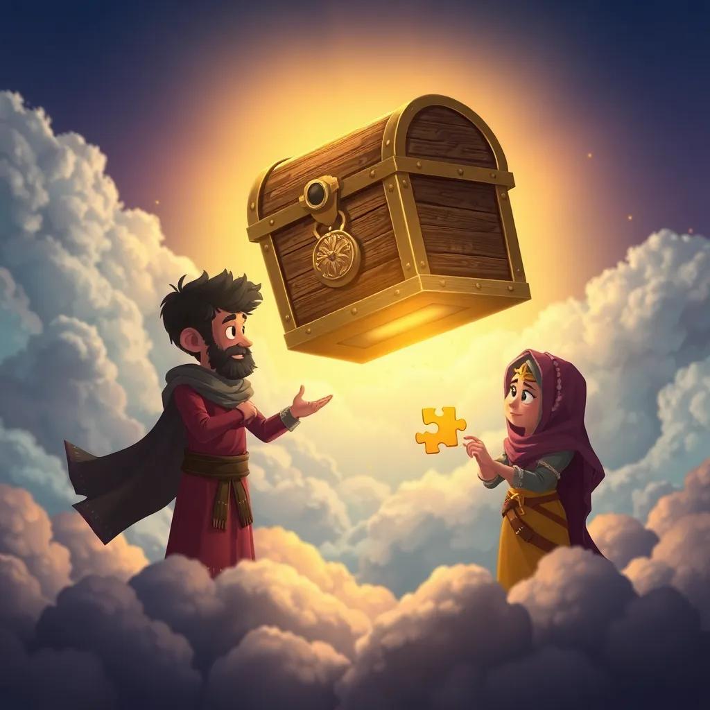 A treasure chest floating on clouds, as Kamool looks at a puzzle to open it, with Noor standing beside protectively, dramatic light illuminating their determination, whimsical digital art, vivid colors, high quality