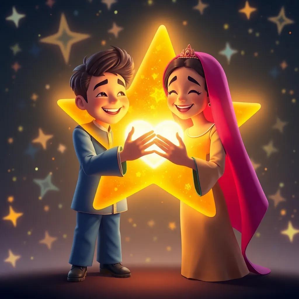 The magical star named Noorhan, glowing brightly as Kamool and Noor hold her heart, expressing joy, surrounded by a glowing backdrop of stars, vibrant colors, magical feeling, high quality