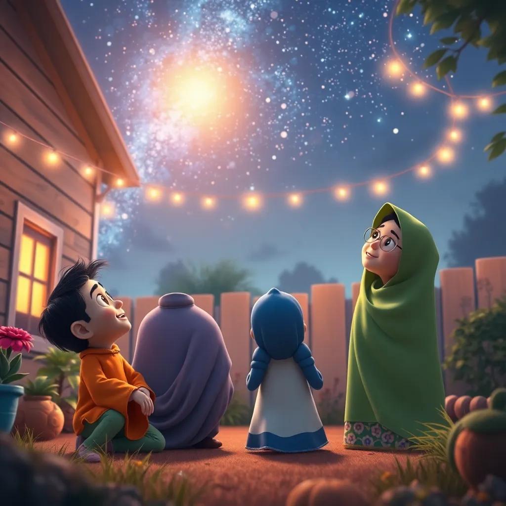 A beautiful scene in the backyard again, with Badi, Kamool, and Noor, looking up at the starry sky filled with vibrant light from Noorhan, cozy and warm atmosphere, heartwarming, high-quality