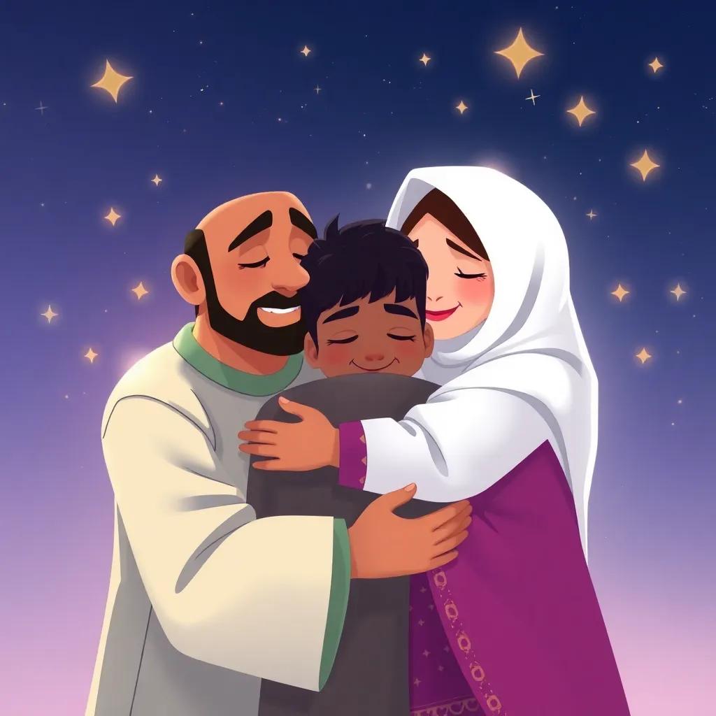 An intimate moment with Kamool and Noor hugging Badi, expressing their affection for him, with twinkling stars shining around them, soft light, love and warmth, illustration, heartfelt, high quality