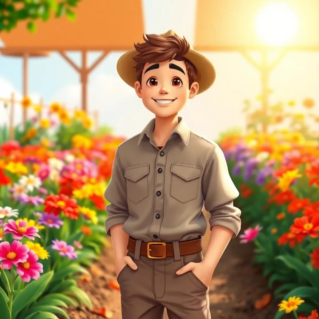 A kind farmer, young man, wearing a simple shirt and pants, smiling in his colorful flower garden under the bright sun, digital art, cheerful, vibrant colors, warm atmosphere, high quality