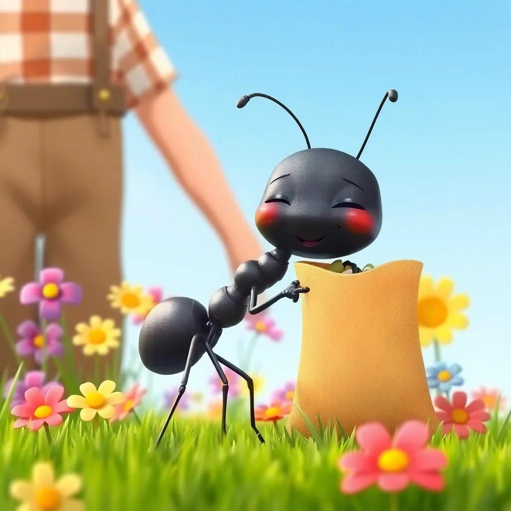 A small ant, with a shiny black body, standing happily beside the farmer, looking at a small seed bag, surrounded by colorful flowers and green grass, illustrated, joyful, bright scene, child-friendly