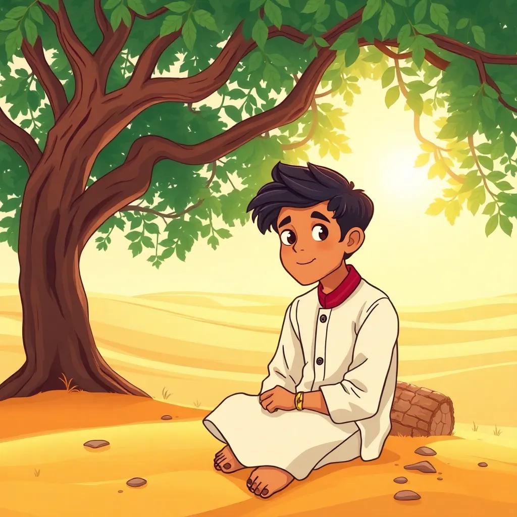 A young Indian man, sitting under a tree in a vast desert, with a thoughtful expression, wearing a traditional kurta, warm sunlight filtering through the leaves, realistic, peaceful atmosphere