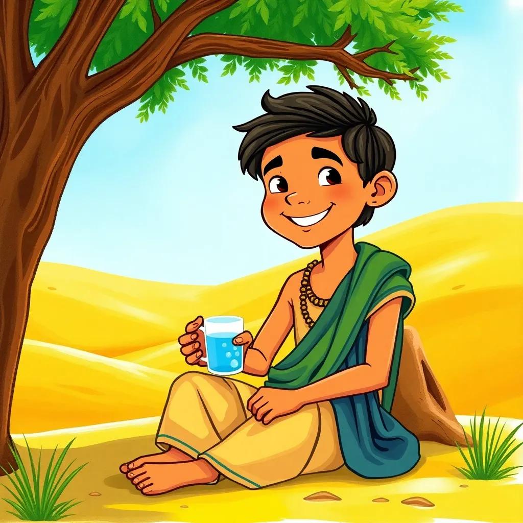 A young Indian man, sitting under a tree, with a content smile, holding a cup of cold water, surrounded by golden sand dunes, bright blue sky, vibrant colors, heartwarming scene