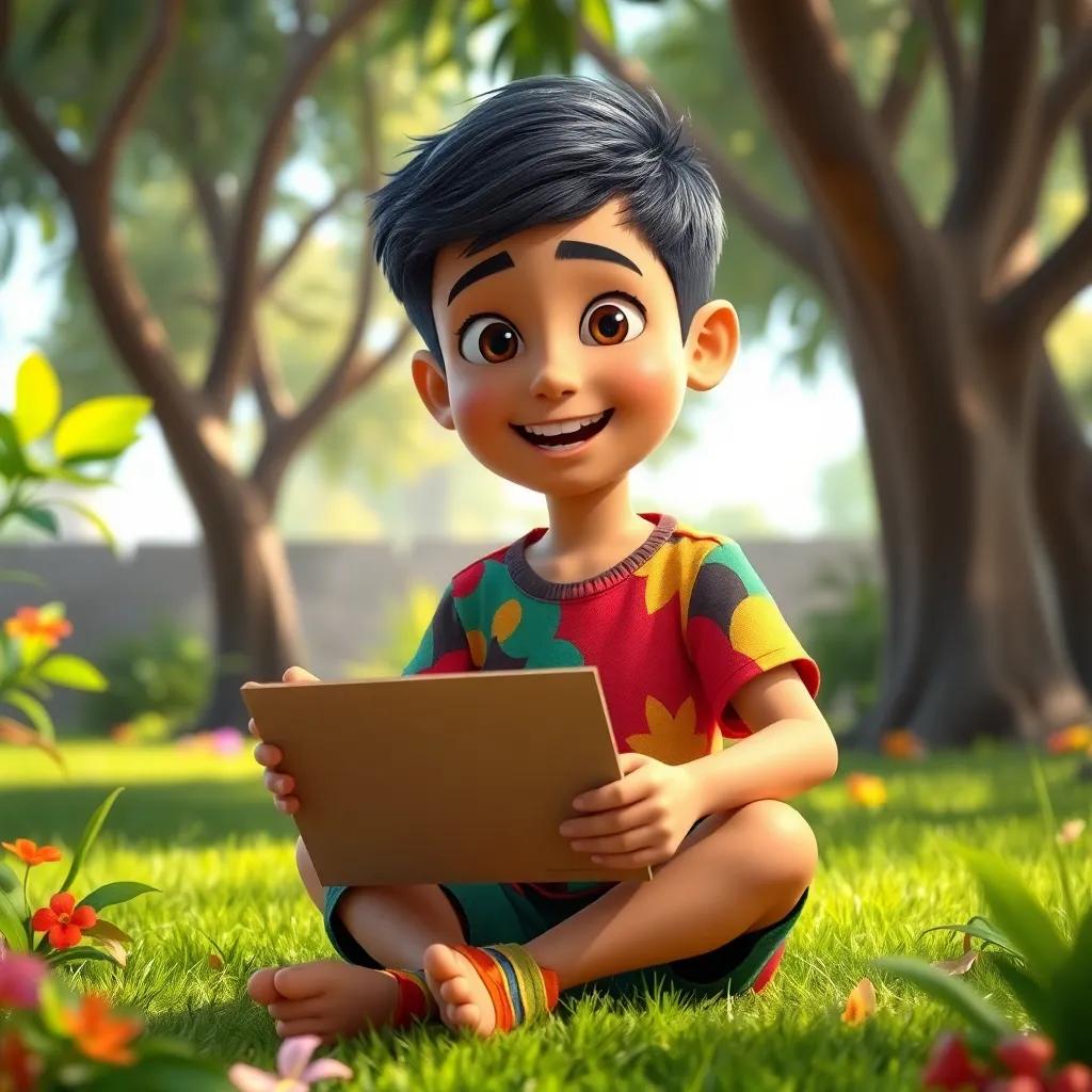 A young Omani boy, Sami, with short dark hair, wearing a colorful t-shirt and shorts, sitting in a garden surrounded by trees, looking excitedly at cardboard, digital art, vibrant colors, bright and cheerful atmosphere