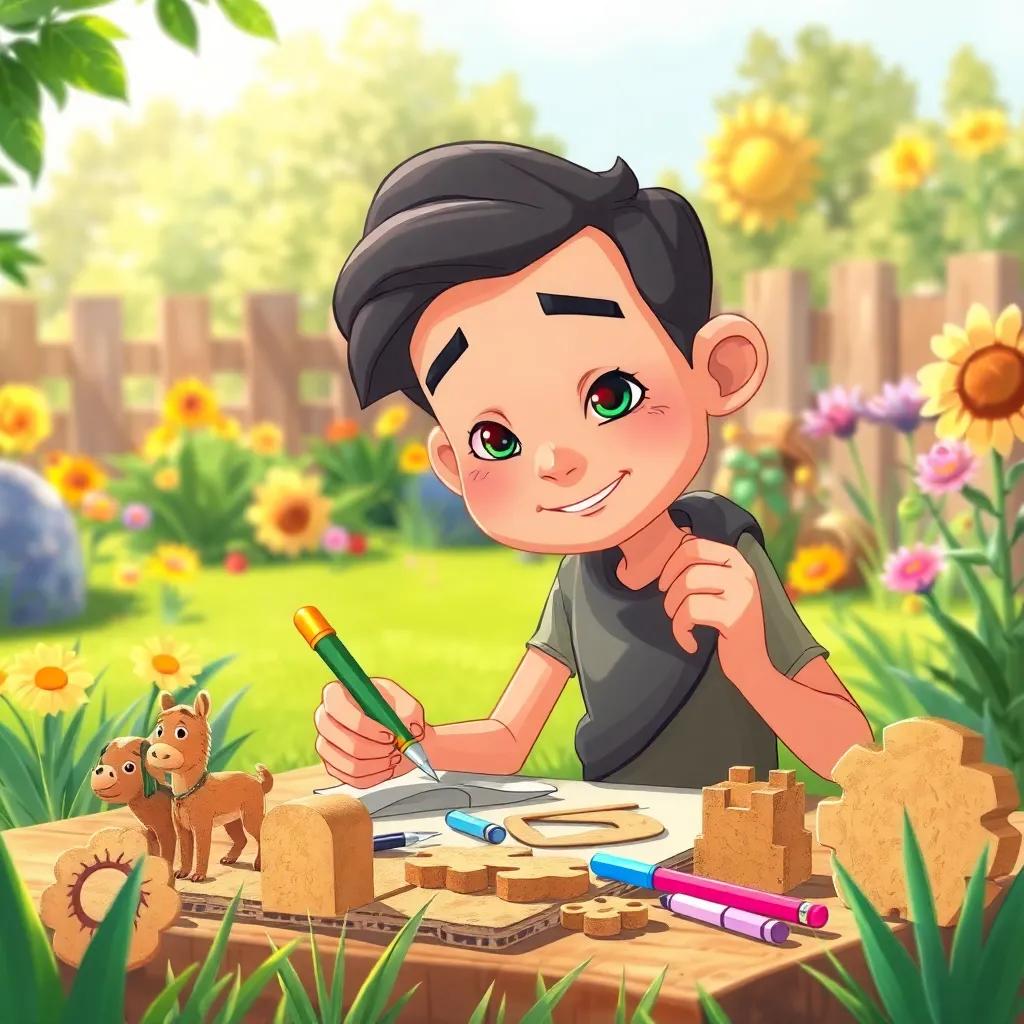 Sami, continuing to cut cardboard into various shapes, with drawing tools and colorful markers, in a bright sunny garden, focused and creative, illustration, fresh and lively colors, artistic perspective