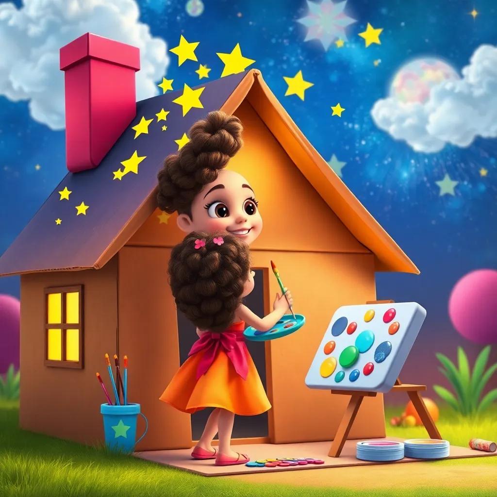 Leila painting stars on the roof of the cardboard house, with a rainbow of colors in her palette, she is a young girl with curly hair wearing a bright dress, imaginative and playful, bright colors, fantasy view