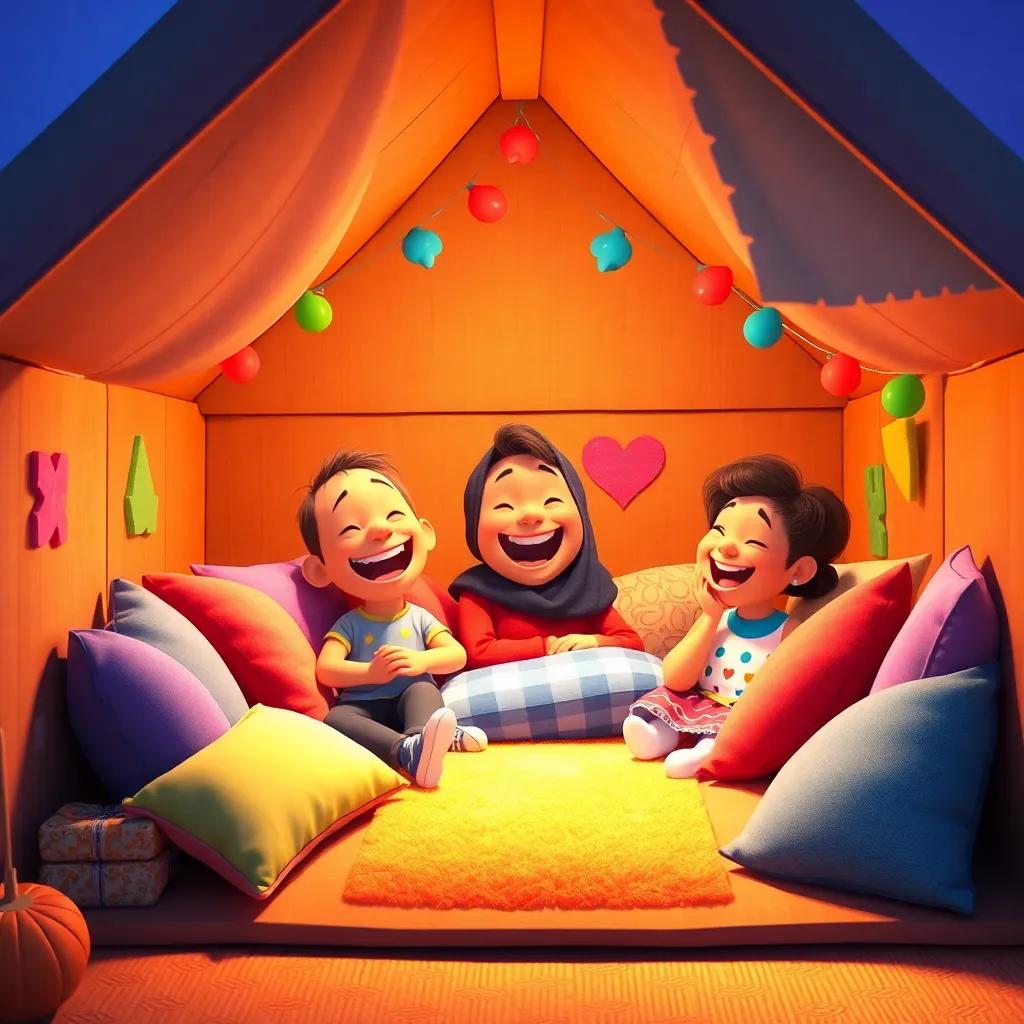 The cardboard house filled with cushions and brightly colored decorations, with Sami and friends laughing inside, showcasing their joyful moods and creative environment, cheerful light, warm colors, storytelling scene