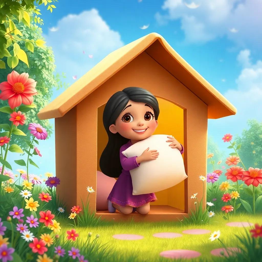 Leila bringing soft pillows into the cardboard house, smiling and surrounded by vibrant garden, with flowers and green grass, dreamy background, colorful illustration, lively and happy
