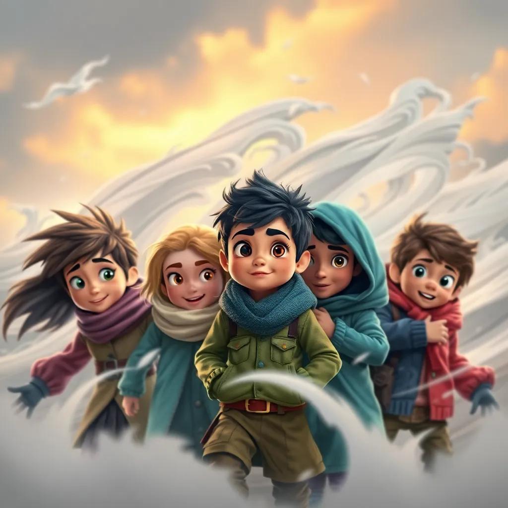 Strong winds blowing outside, with Sami and friends huddled together, looking brave and determined, they are diverse children, different clothing styles, dynamic perspective with movement, dramatic colors