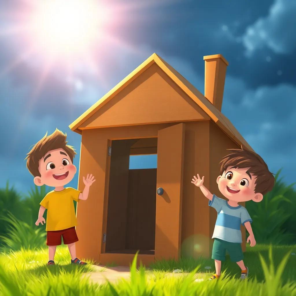 The kids checking the cardboard house after the storm, looking relieved and happy that it remained intact, with smiles on their faces, bright sunlight highlighting their joy, colorful digital art, joyful atmosphere