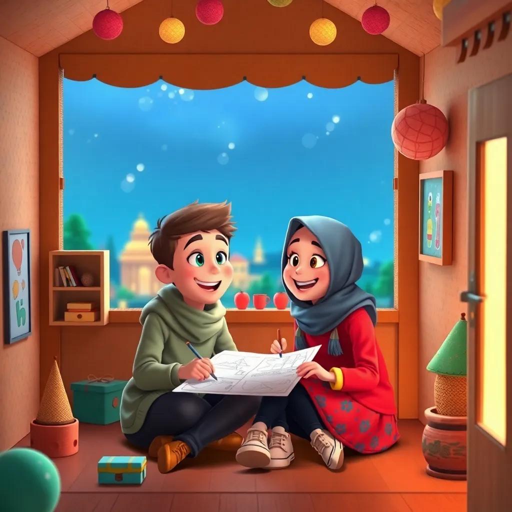 Sami expressing excitement about their special place, drawing plans while sitting inside the cardboard house, surrounded by colorful decorations, inviting light, cheerful view, engaging scene