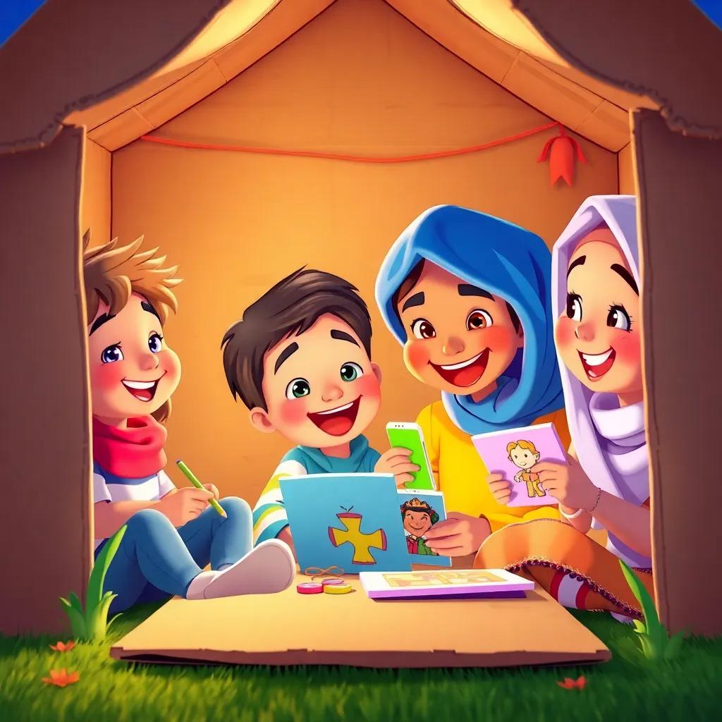 Sami and friends playing joyfully in their handmade cardboard house, creating pictures and stories together, vibrant colors and joyful facial expressions, a fun and energetic atmosphere.