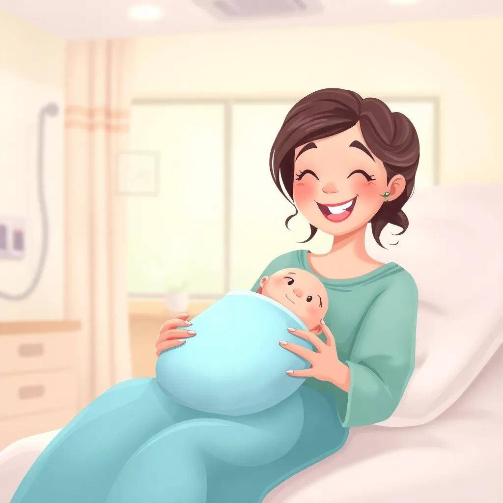 A happy scene depicting the joyful moment of a new baby being born, with the mother smiling warmly, a hospital room filled with soft pastel colors, digital art, cheerful, welcoming atmosphere, high quality