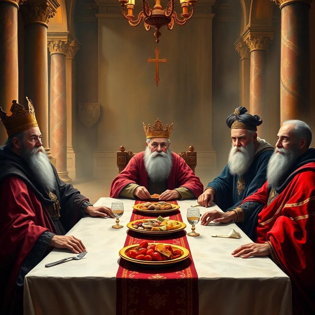 Three wise men sitting at a grand table in the king's palace, discussing and eating lunch, elegant robes, diverse ethnicities, warm lighting, rich colors, storytelling atmosphere, high quality