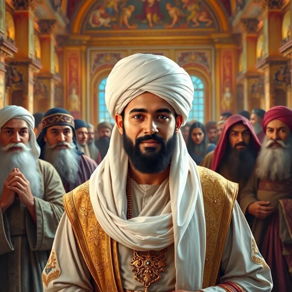 Jahha, a Middle-Eastern man, wearing a beautiful white turban and fancy clothing, confidently standing in front of the wise men and a crowd, bright palace background, vibrant colors, engaging scene, high quality