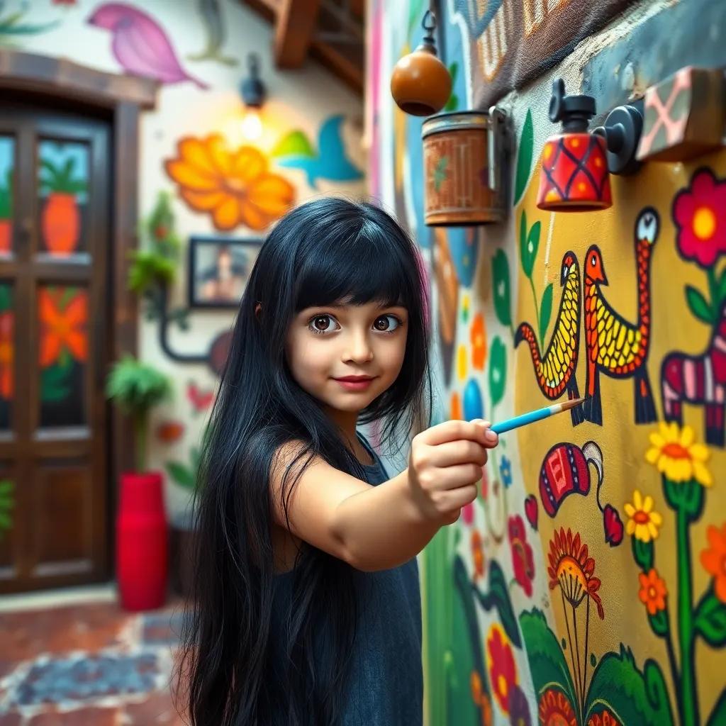 A young girl, Julia, with long black hair and bright eyes, painting colorful murals on a wall in a quaint village house, vibrant colors, warm atmosphere, detailed digital art, inviting and cheerful ambiance, high quality