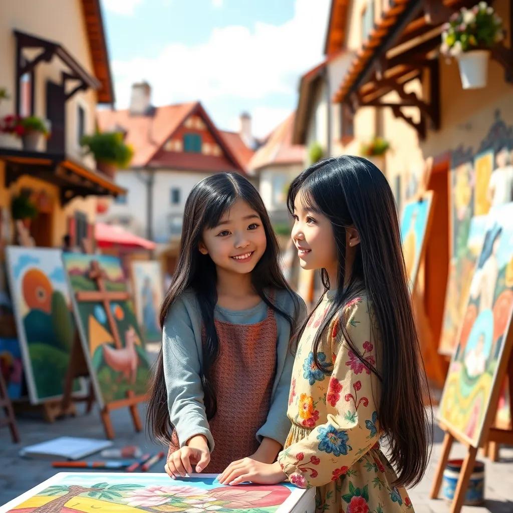 Julia, a young girl with long black hair and bright eyes, joyfully sharing her art with her friend Nora in a sunny village square, surrounded by colorful paintings, lively scene, bright colors, joyful mood, high quality
