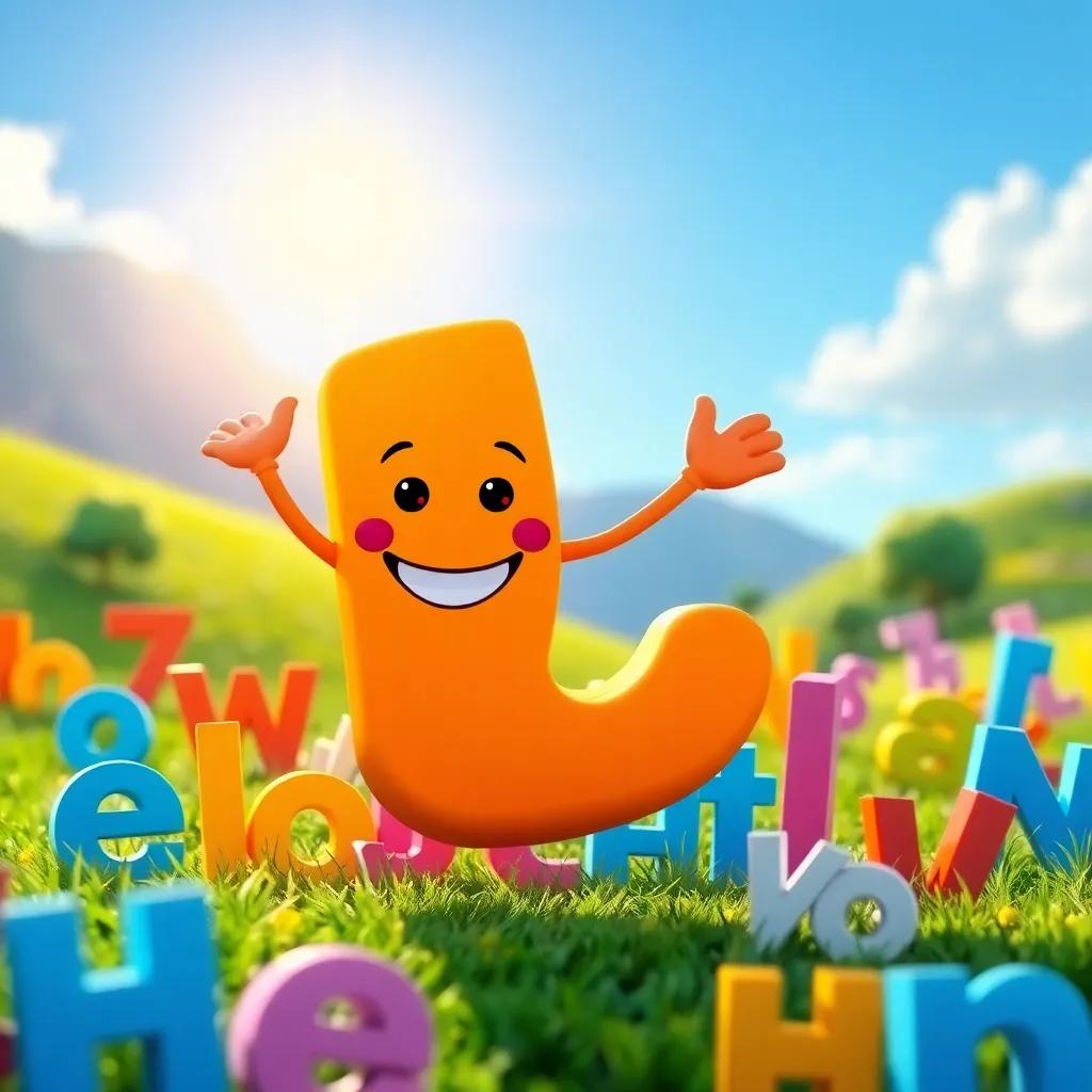 A cheerful letter 'ف' with a bright smile, dancing in the sunlight among colorful words in a vibrant landscape, digital art, bright colors, joyful atmosphere, high quality