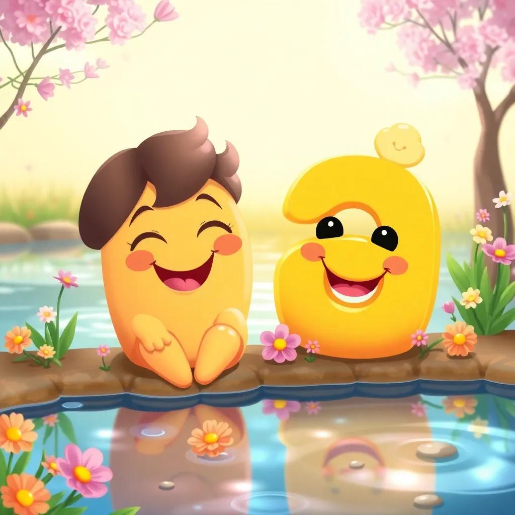 The letter 'ف' sitting joyfully by a shimmering pond next to a friendly letter 'ب', with flowers blooming around them, illustration, colorful and lively, cheerful scene, high quality