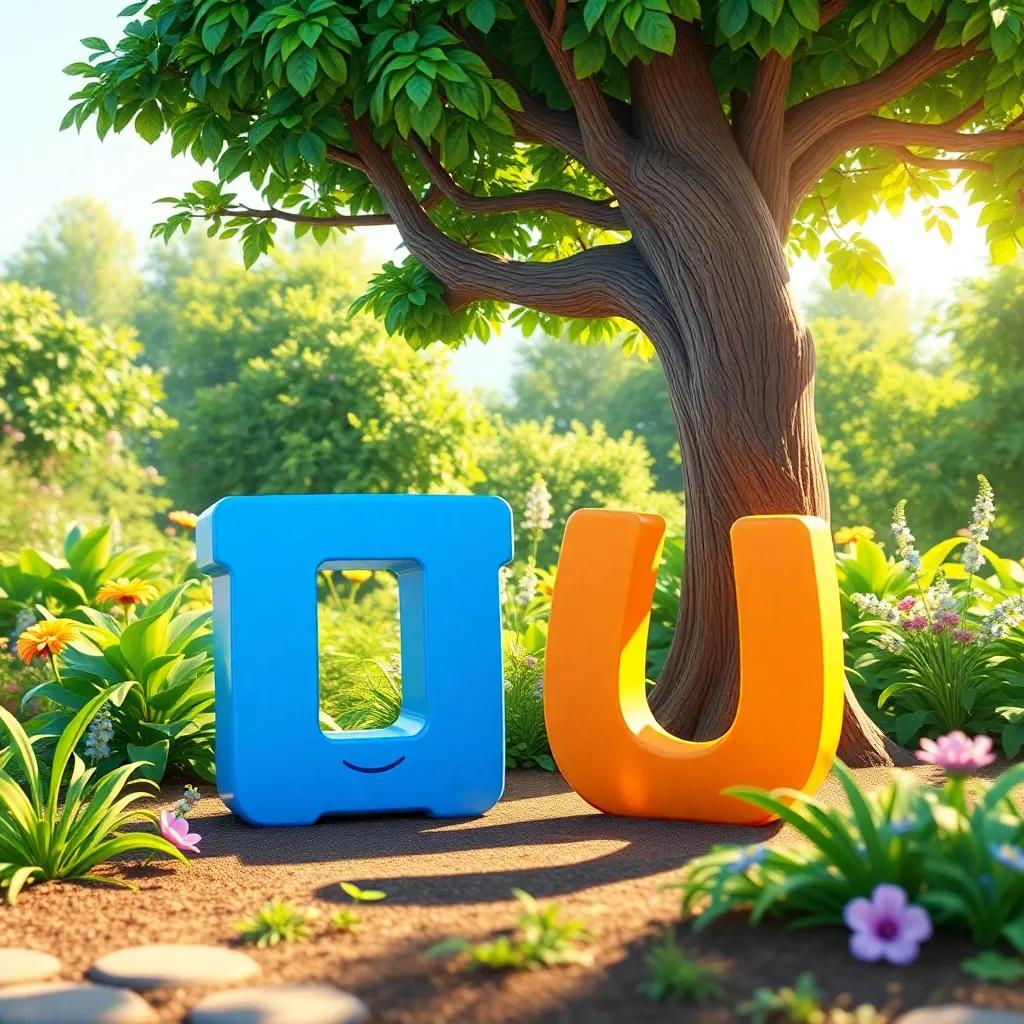 A garden scene with the letter 'ف' happily meeting with the letter 'ن' beside a lush tree, creating words together, bright sunlight and vivid colors, illustration, playful and creative atmosphere, high quality