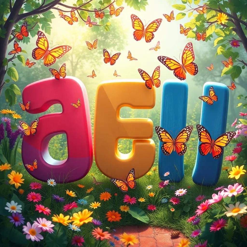 A joyful scene with letters 'ف', 'ب', and 'ن' surrounded by dancing butterflies in a colorful garden, digital painting, whimsical and enchanting atmosphere, high quality