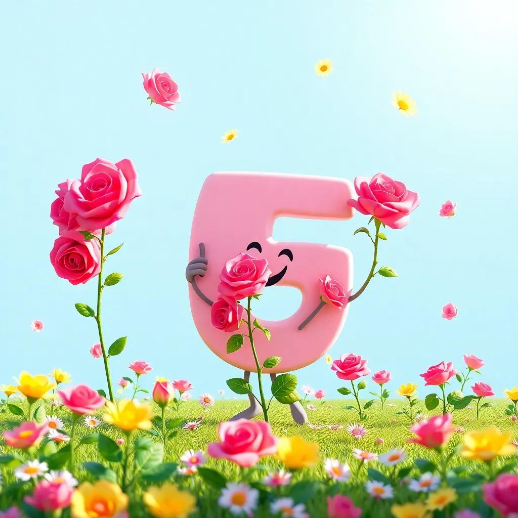 The letters dancing joyfully around the letter 'ر' who is planting beautiful roses, blooming flowers everywhere, joyous and bright, digital art, cheerful mood, high quality