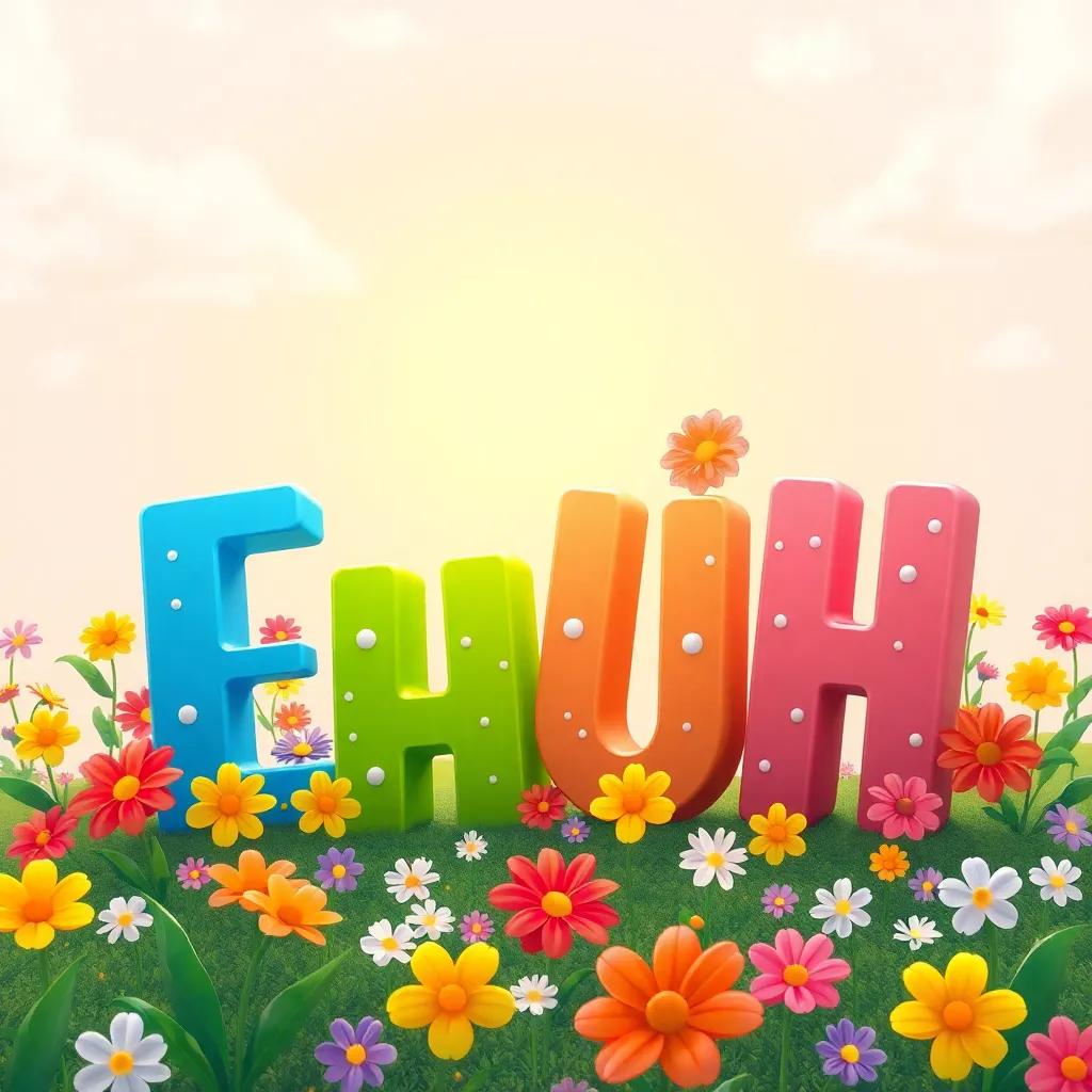 A playful gathering of letters 'ف', 'ب', 'ن', and 'ر' celebrating under the sun with flowers around them, festive feel, illustration, vibrant colors, high quality