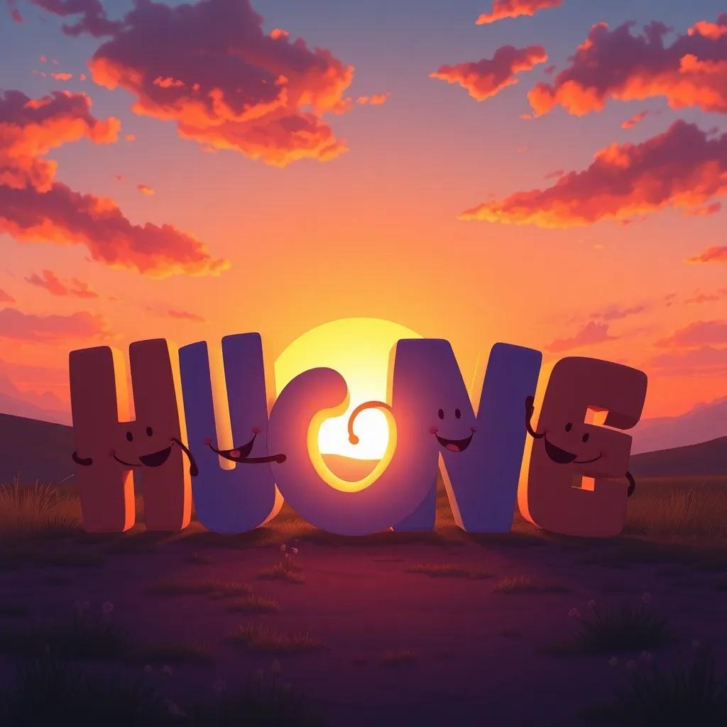 A sunset scene with all the letters enjoying their friendship, the letter 'ف' at the center glowing warmly, magical colors in the sky, illustration, warm and friendly, high quality