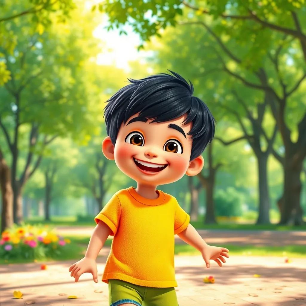 A cheerful boy, Hassa, with short black hair, wearing a bright t-shirt and shorts, playing in a sunny park with green trees and flowers, digital art, vibrant colors, joyful atmosphere, high quality