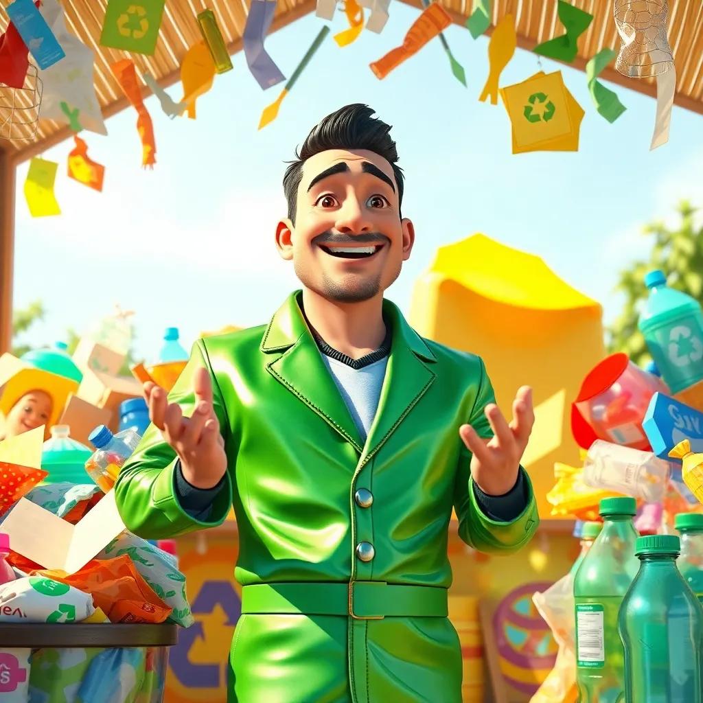 A man in a shiny green outfit, smiling and explaining recycling to Hassa, surrounded by colorful recyclable materials like paper, plastic, and glass, bright daylight, inviting scenery, child-friendly, high quality