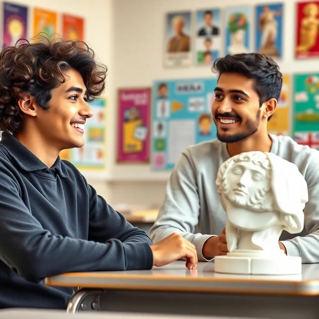 A young Arab man, Ahmed, with striking blue eyes and a friendly smile, sitting at a school desk, eagerly talking to a young Arab woman, Samira, with curly brown hair and a bright smile, in a language school classroom filled with colorful posters, digital art, cheerful atmosphere, warm light, high quality