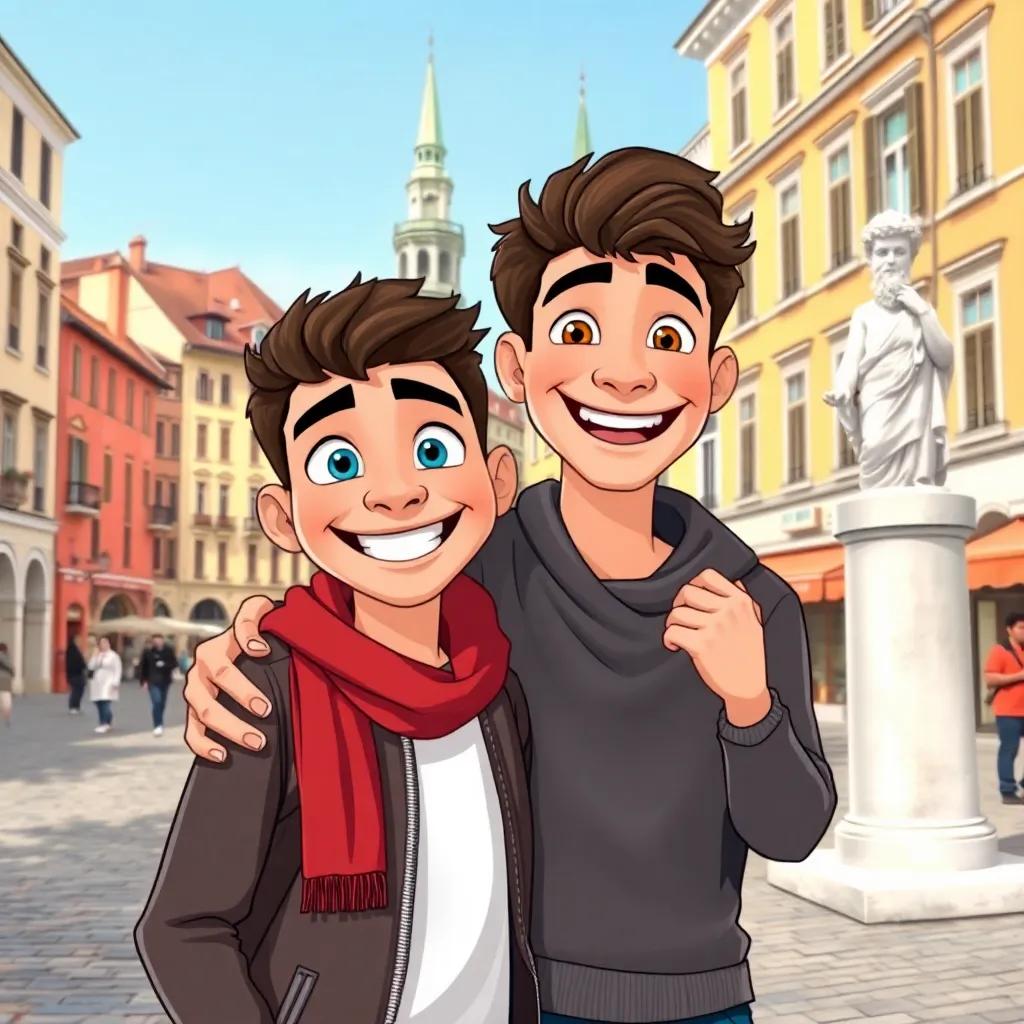 Ahmed, a young Arab man with blue eyes and a wide grin, standing in a picturesque European town square with Samira, a young Arab woman with curly brown hair, both looking happy and excited, surrounded by beautiful old buildings and cobblestone streets, illustration, bright colors, uplifting, child-friendly