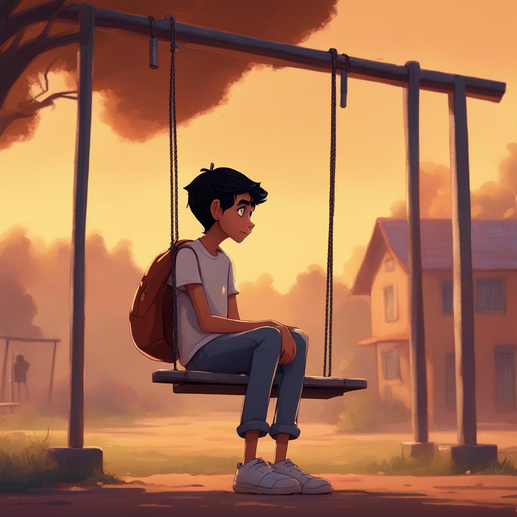 A young Arab boy, Rami, with short, black hair, wearing a bright t-shirt and shorts, sitting alone on a swing in a small village park, looking a bit sad, digital art, warm colors, nostalgic atmosphere, high quality