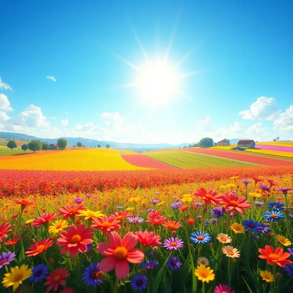 A beautiful rural landscape with vibrant fields, colorful flowers swaying in the breeze, sunlight streaming down, and a clear blue sky, digital art, cheerful colors, serene atmosphere, high quality