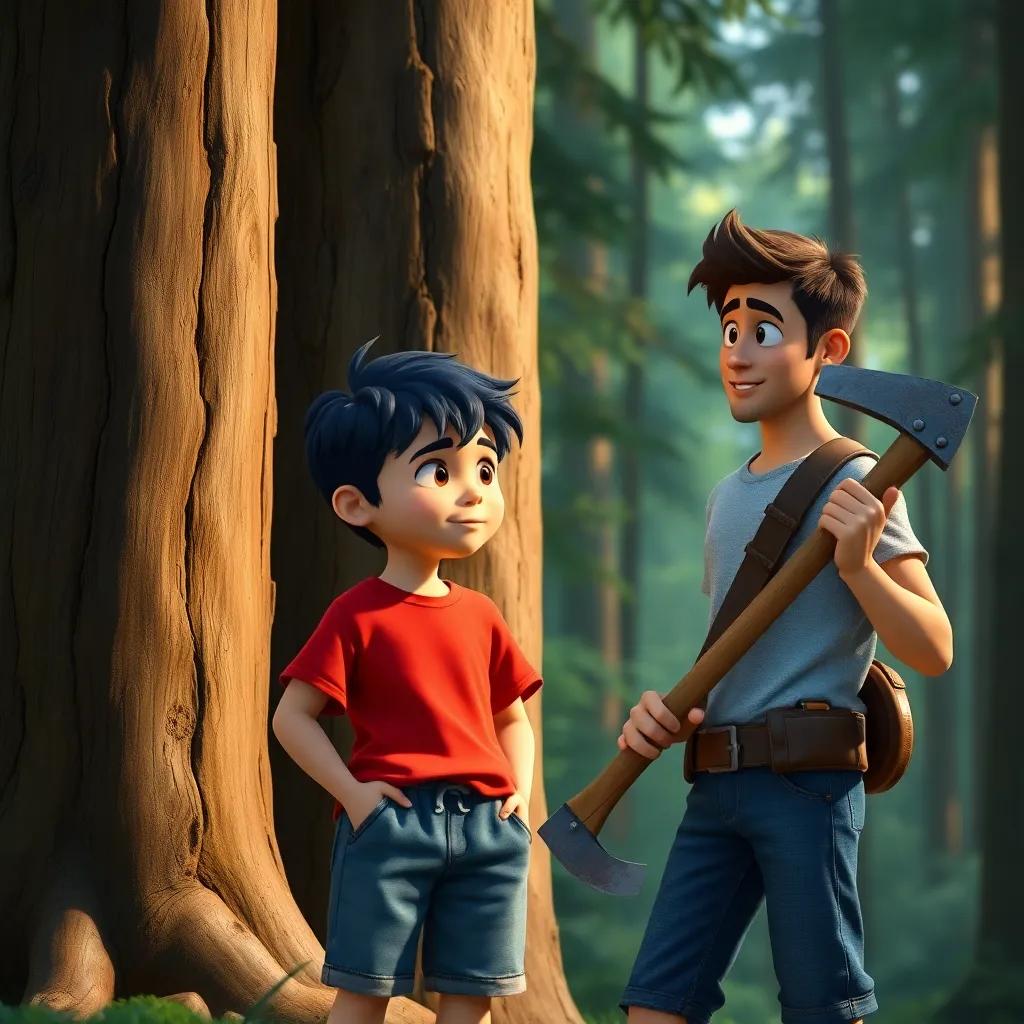A young boy in casual summer clothes with short black hair, standing near a tall tree, talking to a young man with a puzzled expression, holding an axe, surrounded by trees, forest background, friendly discussion, high detail, beautiful lighting