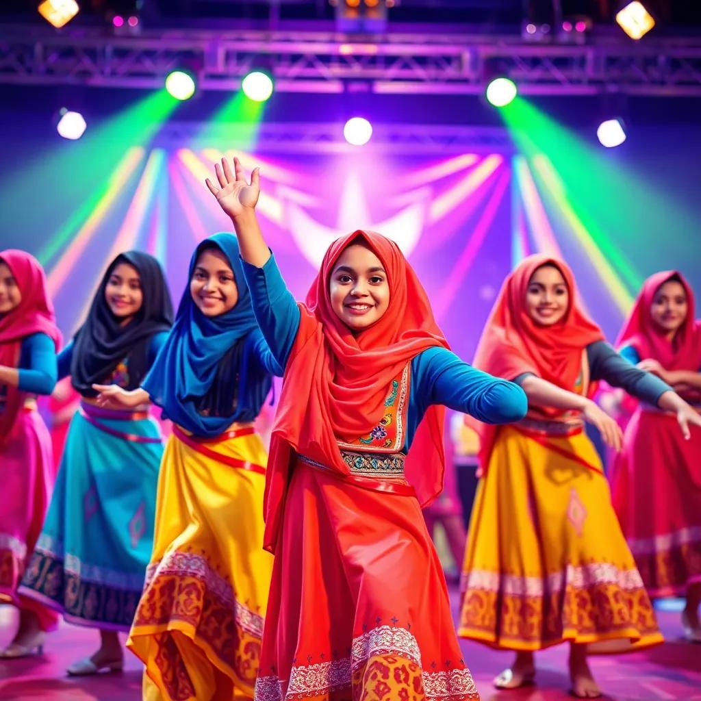 A group of dancers, young Arab girls with colorful outfits and bright smiles, performing in a competition, with spotlight shining on them, a vibrant stage background, digital art, lively colors, cheerful atmosphere, high quality
