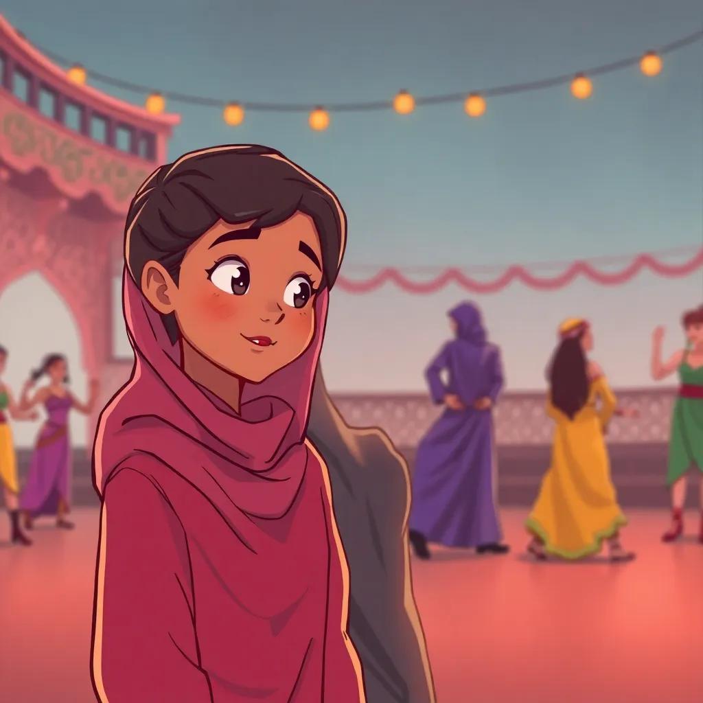 A young Arab girl, looking curious, talking to her friend with an inquisitive expression, surrounded by dancers practicing in the background, illustration, friendly, warm colors, storytelling view, inviting